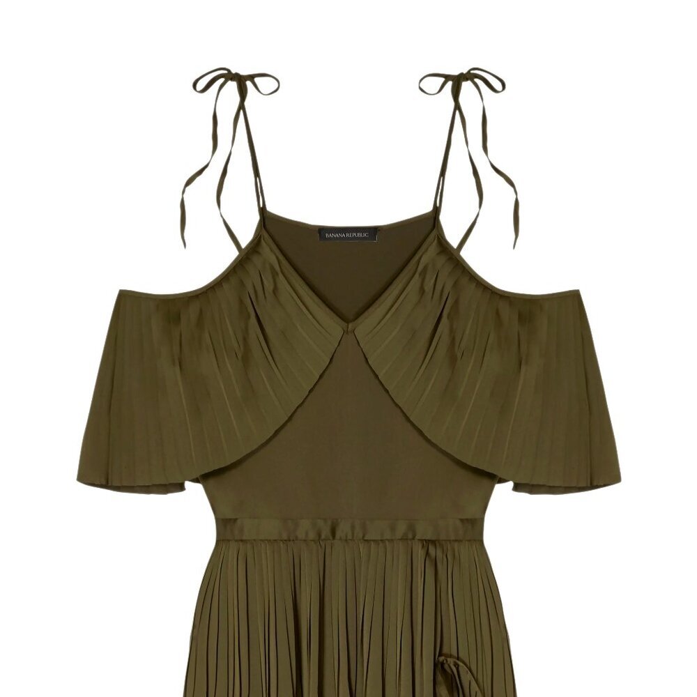 Banana Republic x Olivia Palermo Cold SHoulder Pleated Maxi Dress Olive Sz 4